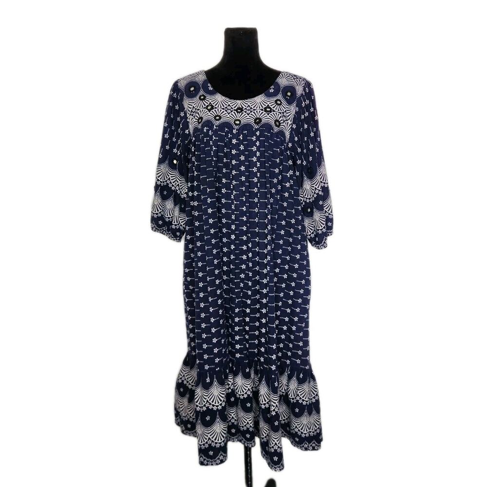 Vtg Ramona Rull Puff Sleeve Caftan Mirrored Embroidered Boho Hippie Midi Dress